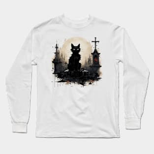 Nocturnal Guardian - Black Cat at the Cemetery Long Sleeve T-Shirt